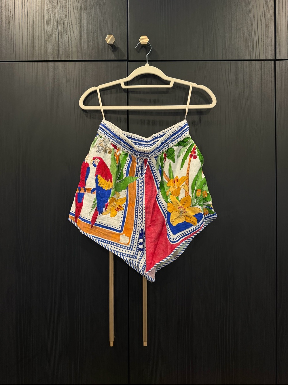 FARM Rio Parrot & Floral Print Shorts — Red, Yellow, Blue, Green